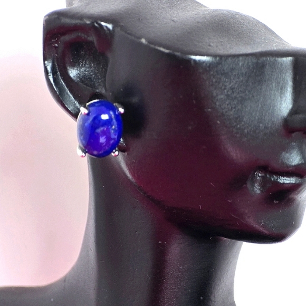 Natural Lapis Lazuli 925 Sterling Silver Stud Earrings - Picture 2 of 10